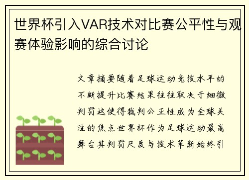 世界杯引入VAR技术对比赛公平性与观赛体验影响的综合讨论